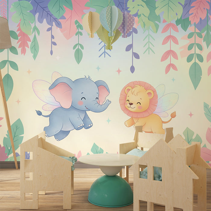 Papel de parede quarto bebê | Πετούν ελέφαντας και λιοντάρι σε ένα μαγικό κόσμο