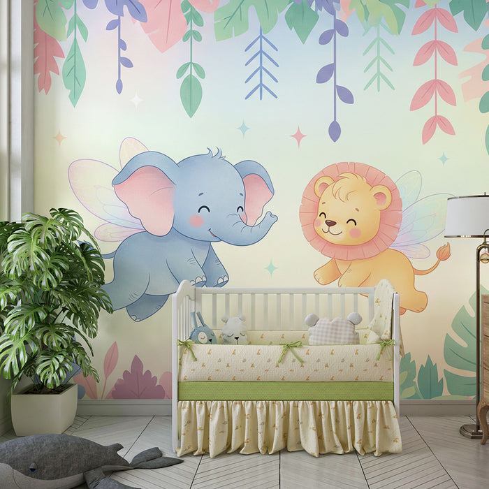 Papel de parede quarto bebê | Πετούν ελέφαντας και λιοντάρι σε ένα μαγικό κόσμο