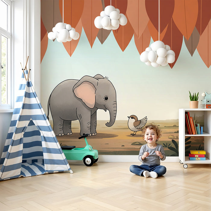 Papel de parede quarto bebê | Elefante e pássaro sob folhagem colorida