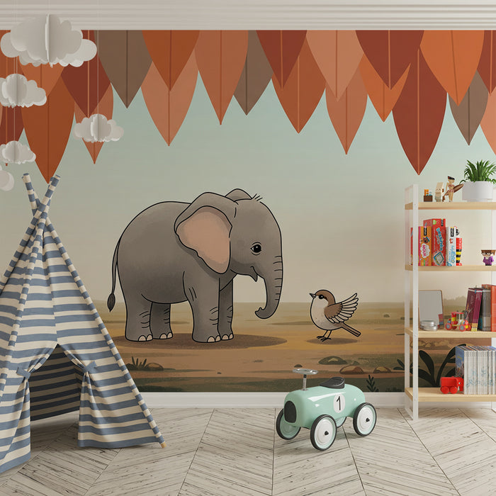 Papel de parede quarto bebê | Elefante e pássaro sob folhagem colorida