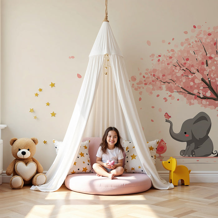 Papel de parede quarto bebê | Елен и птици под цъфтяща черешова дърво