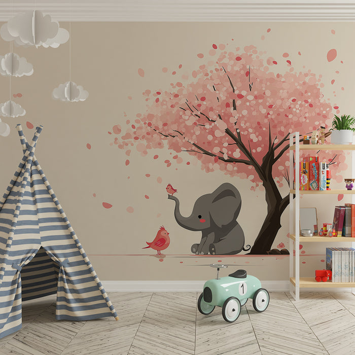 Papel de parede quarto bebê | Елен и птици под цъфтяща черешова дърво
