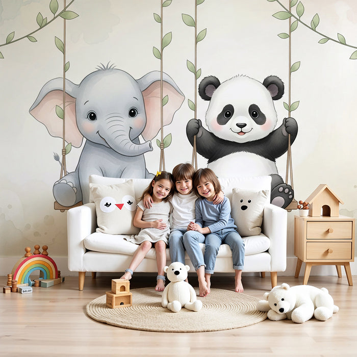 Papier peint chambre bébé | Éléphant et panda sur des balançoires