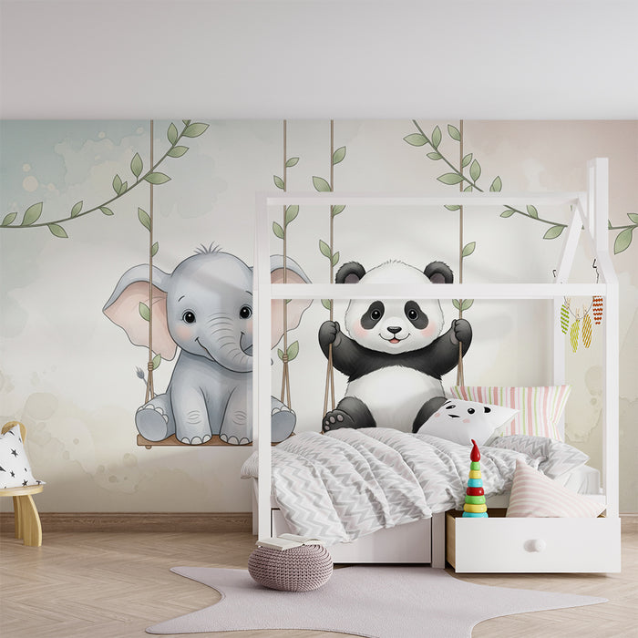Papier peint chambre bébé | Éléphant et panda sur des balançoires