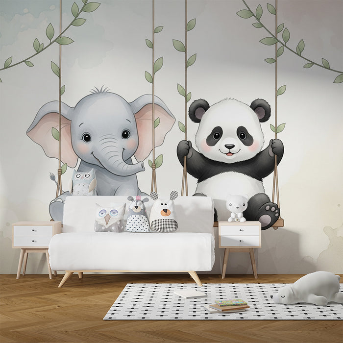 Papier peint chambre bébé | Éléphant et panda sur des balançoires