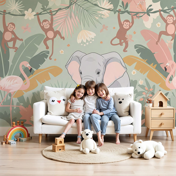 Papel de parede quarto bebê | Ελέφαντας και τέσσερα πίθηκοι σε ένα πολύχρωμο ζούγκλα