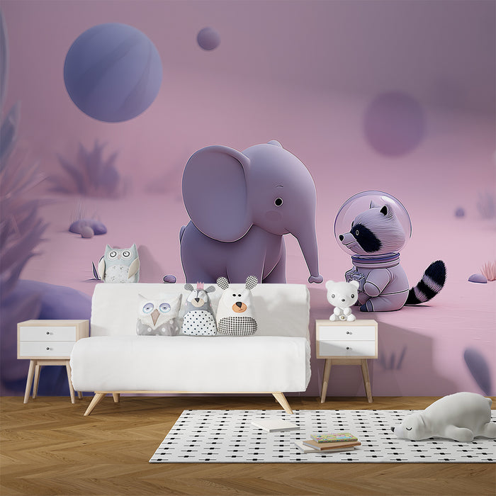 Papier de parede bébiphu | Elefánt és mosómedve asztronauta pasztell világban