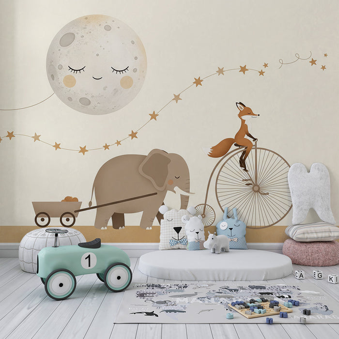 Tapeta dětského pokoje | Slon a liška pod měsícem se zlatými hvězdami