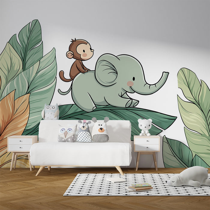 Tapet barnerom | Elefant og ape i en fargerik jungel