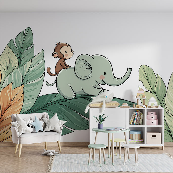 Tapet barnerom | Elefant og ape i en fargerik jungel
