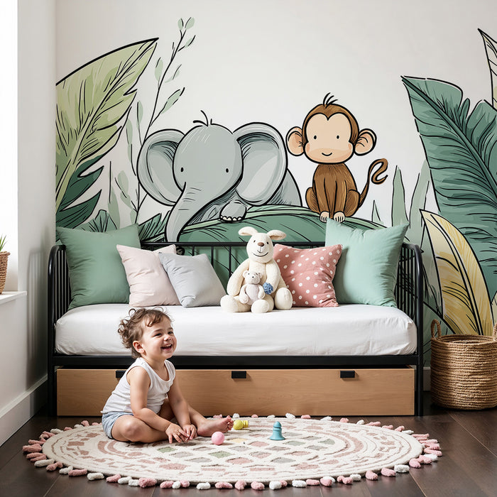 Tapet barnerom | Elefant og ape i en frodig jungel