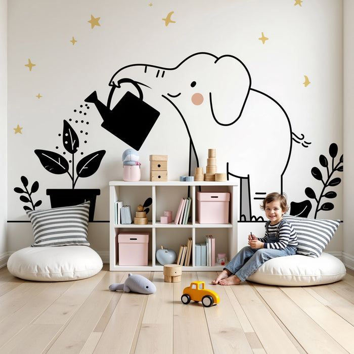 Papel de parede quarto bebê | Elefante e estrelas douradas