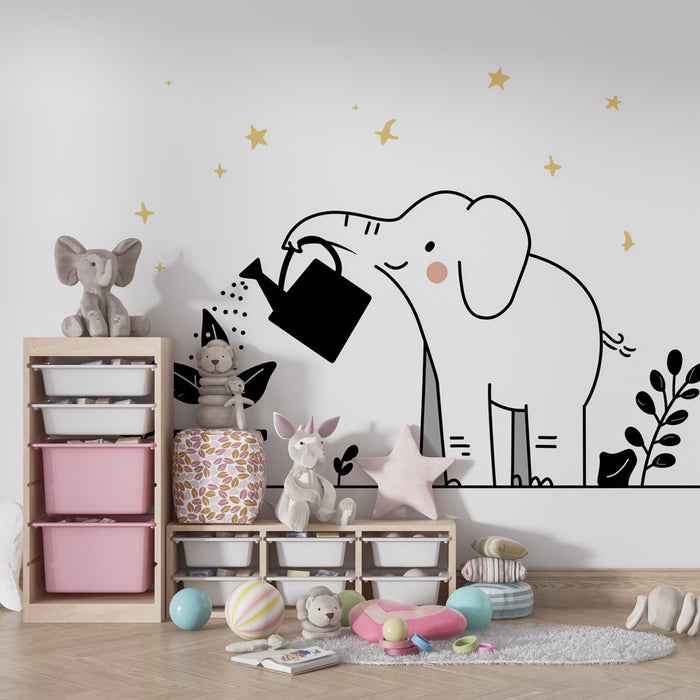 Papel de parede quarto bebê | Elefante e estrelas douradas