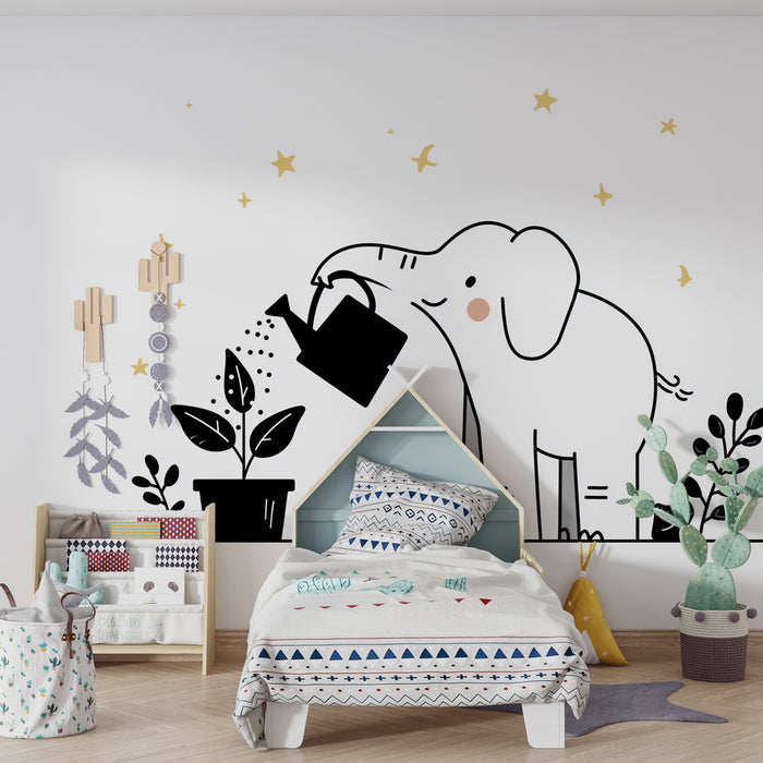 Papel de parede quarto bebê | Elefante e estrelas douradas