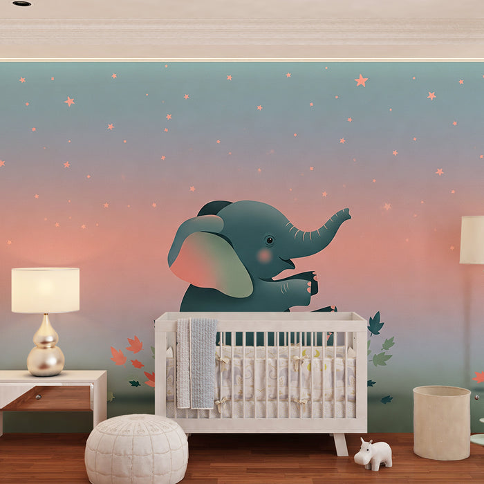 Papel de parede quarto bebê | Играещ слон под звездно небе