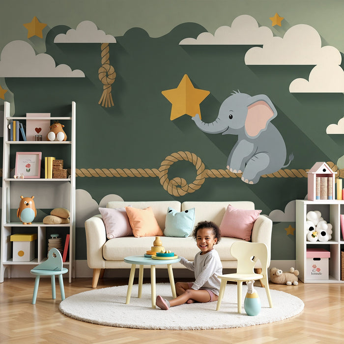 Babyzimmer Tapete | Spielender Elefant auf einem Seil mit Sternen und Wolken