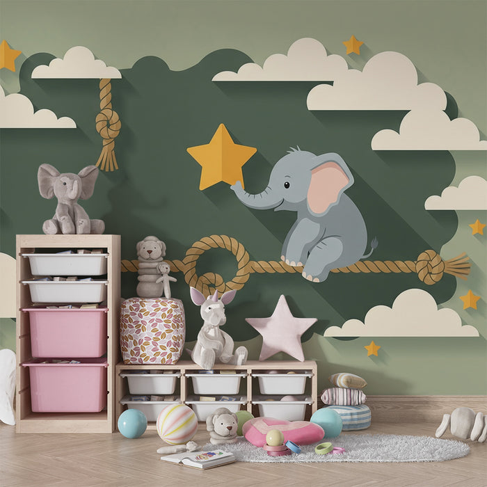 Babyzimmer Tapete | Spielender Elefant auf einem Seil mit Sternen und Wolken