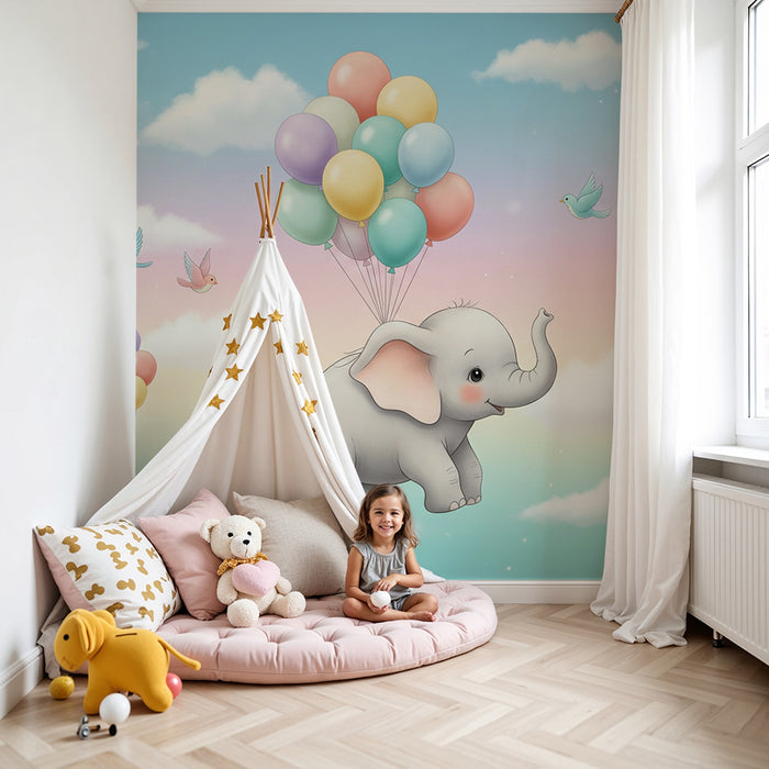 Papier peint chambre bébé | Éléphant joyeux avec des ballons et un ciel pastel