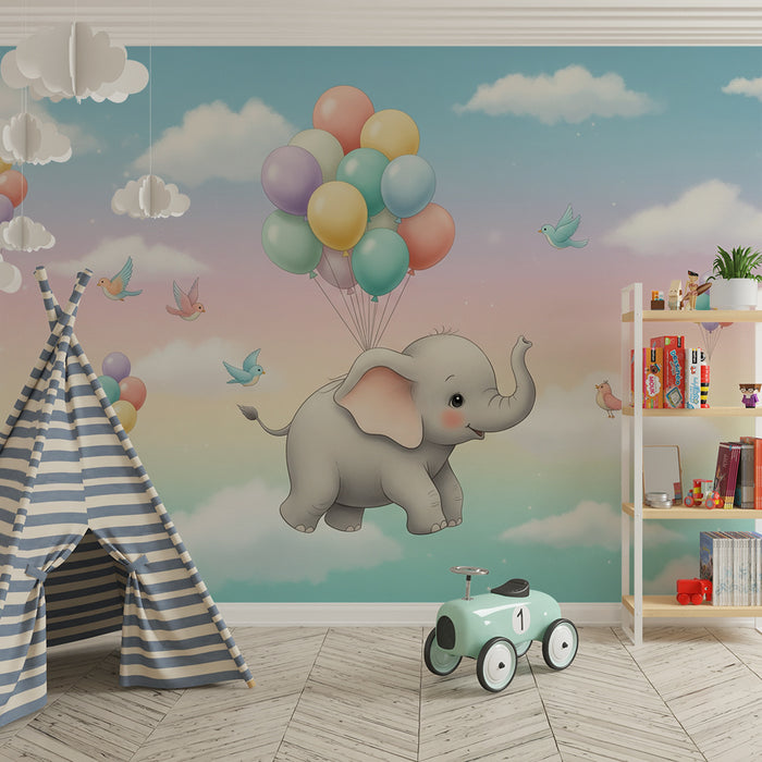 Papier peint chambre bébé | Éléphant joyeux avec des ballons et un ciel pastel