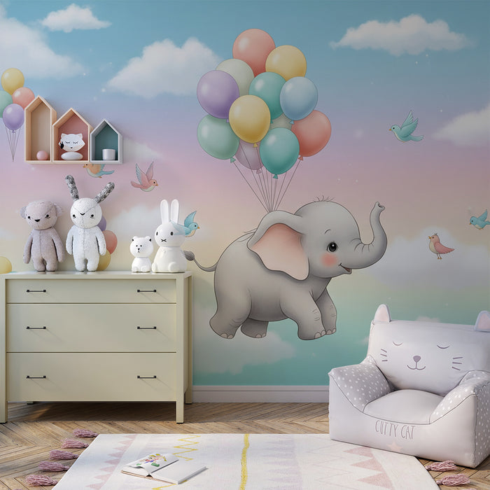 Papier peint chambre bébé | Éléphant joyeux avec des ballons et un ciel pastel