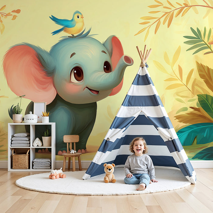 Tapeta dětského pokoje | Veselý slon s ptákem na hlavě v tropickém prostředí
