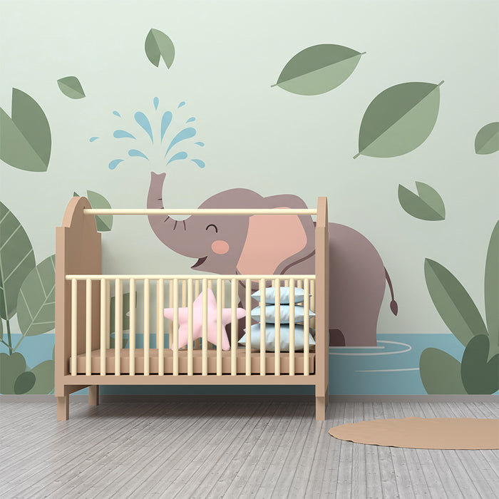 Barntapet | Glada elefanter i vatten omgivna av tropiskt lövverk