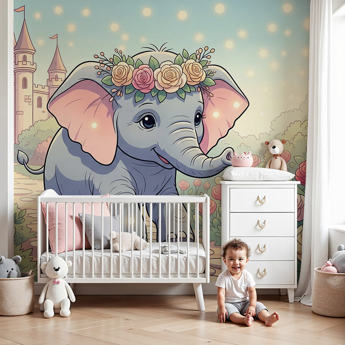Papier peint chambre bébé | Éléphant joyeux dans un jardin fleuri devant un château