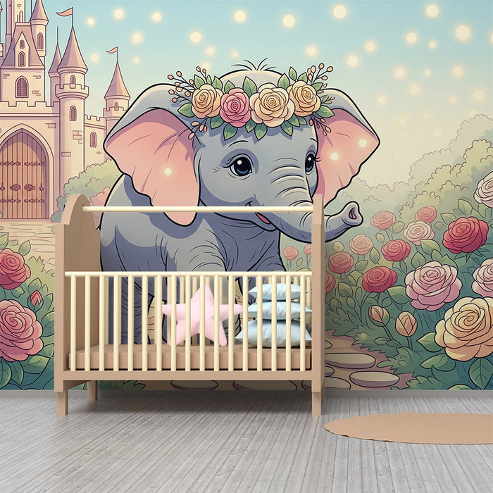 Papier peint chambre bébé | Éléphant joyeux dans un jardin fleuri devant un château