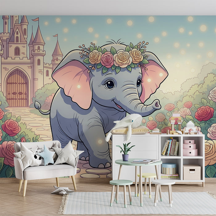 Papier peint chambre bébé | Éléphant joyeux dans un jardin fleuri devant un château