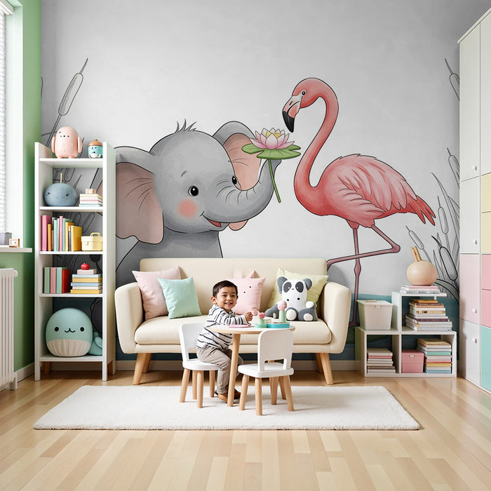 Papel de parede quarto bebê | Elefante feliz e flamingo cor-de-rosa à beira da água