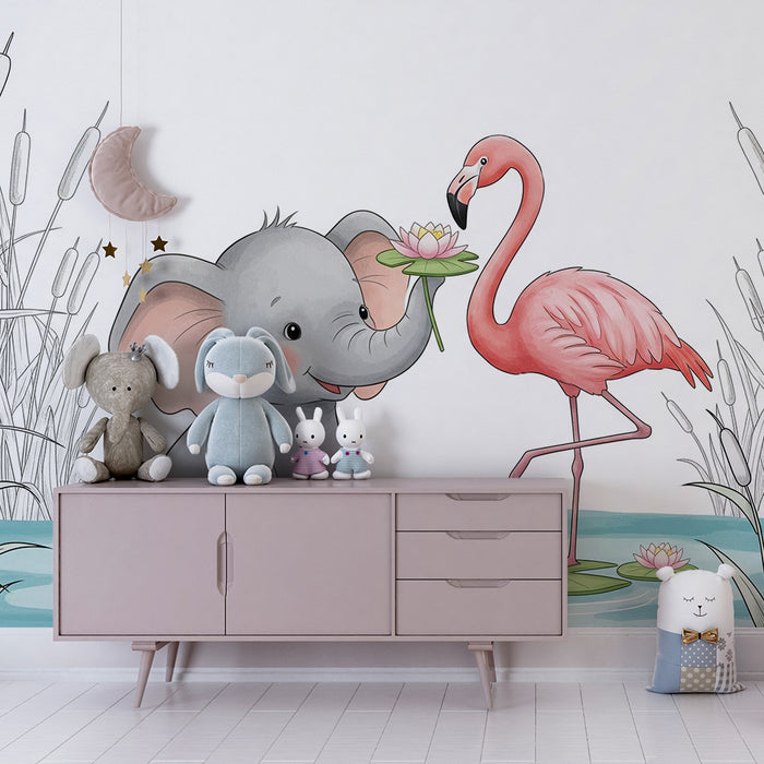 Papel de parede quarto bebê | Elefante feliz e flamingo cor-de-rosa à beira da água