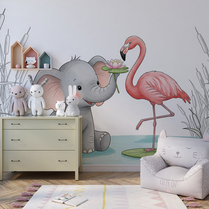 Papel de parede quarto bebê | Elefante feliz e flamingo cor-de-rosa à beira da água