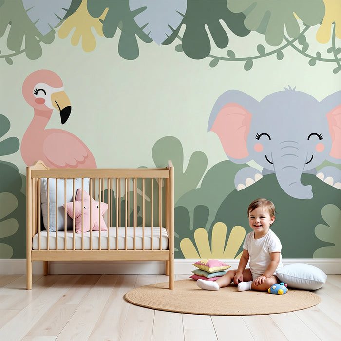 Papel de parede quarto bebê | Veseli slon in roza plamenka v pisani džungli