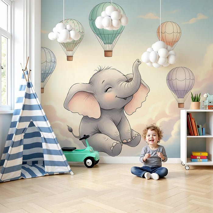Papier peint chambre bébé | Éléphant joyeux et montgolfières dans un ciel doux