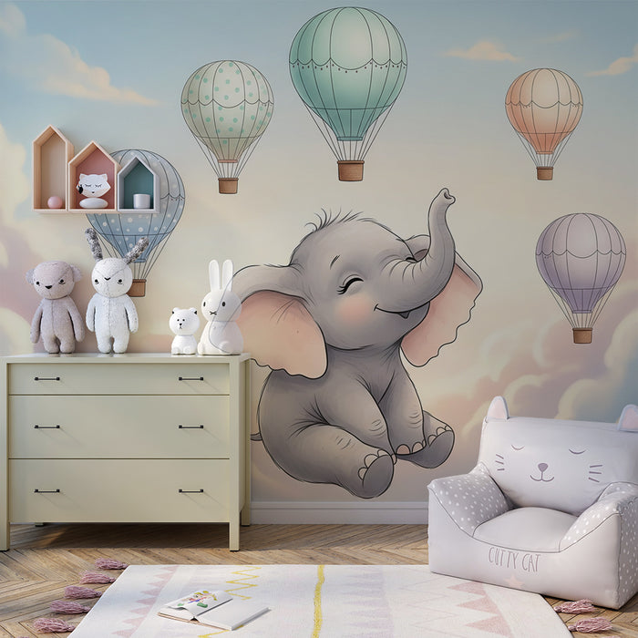 Papier peint chambre bébé | Éléphant joyeux et montgolfières dans un ciel doux