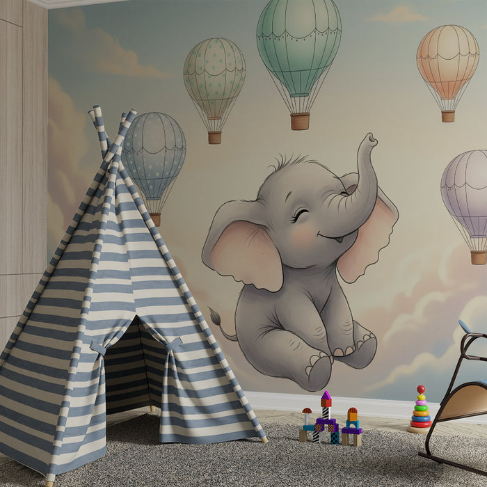 Papier peint chambre bébé | Éléphant joyeux et montgolfières dans un ciel doux