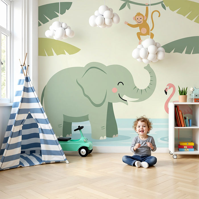 Papel de parede quarto bebê | Χαρούμενος ελέφαντας, παιχνιδιάρικη μαϊμού και ροζ φλαμίνγκο σε τροπική ζούγκλα
