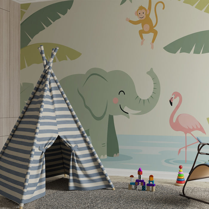 Papel de parede quarto bebê | Χαρούμενος ελέφαντας, παιχνιδιάρικη μαϊμού και ροζ φλαμίνγκο σε τροπική ζούγκλα