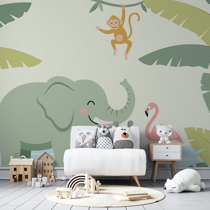 Papel de parede quarto bebê | Χαρούμενος ελέφαντας, παιχνιδιάρικη μαϊμού και ροζ φλαμίνγκο σε τροπική ζούγκλα