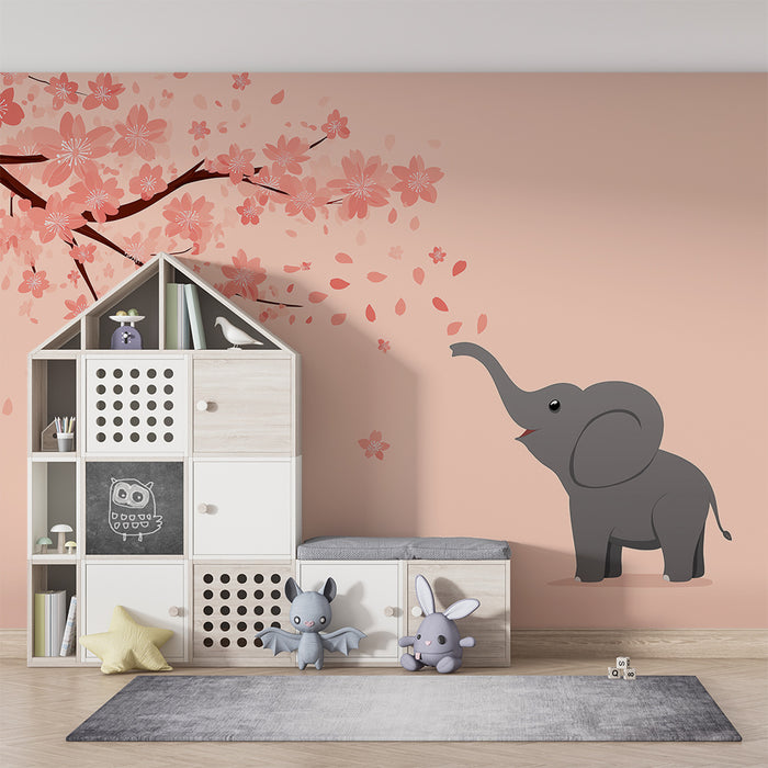 Babykamer behang | Vrolijke olifant onder bloeiende kersenbomen