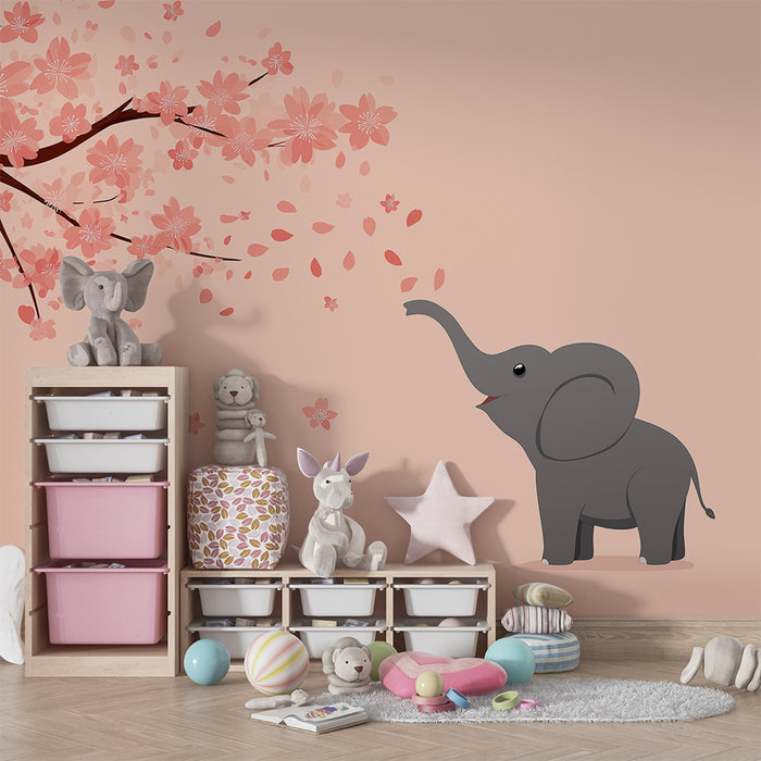 Babykamer behang | Vrolijke olifant onder bloeiende kersenbomen