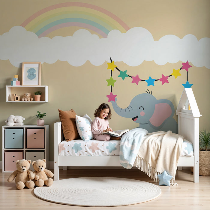 Tapet pentru camera copilului | Elefant vesel sub un curcubeu cu stele colorate