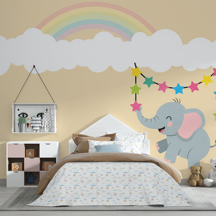 Tapet pentru camera copilului | Elefant vesel sub un curcubeu cu stele colorate