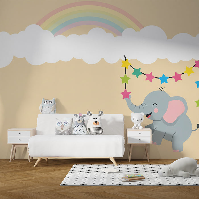 Tapet pentru camera copilului | Elefant vesel sub un curcubeu cu stele colorate