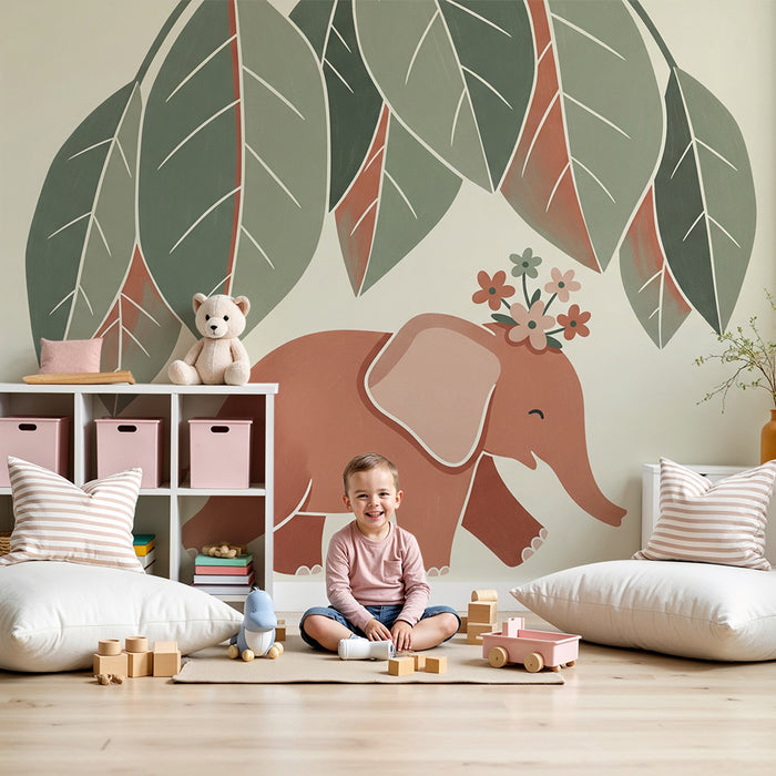 Papel de parede quarto bebê | Elefante feliz sob folhagem colorida