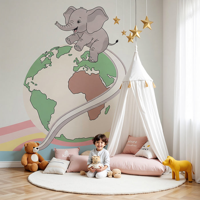 Papel de parede quarto bebê | Elefante feliz pe globul pământesc