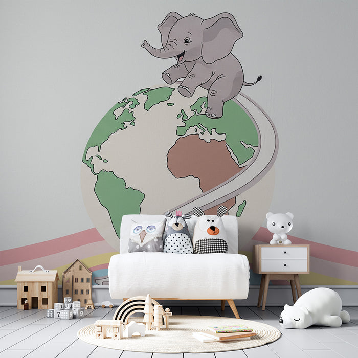 Papel de parede quarto bebê | Elefante feliz pe globul pământesc