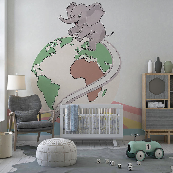 Papel de parede quarto bebê | Elefante feliz pe globul pământesc
