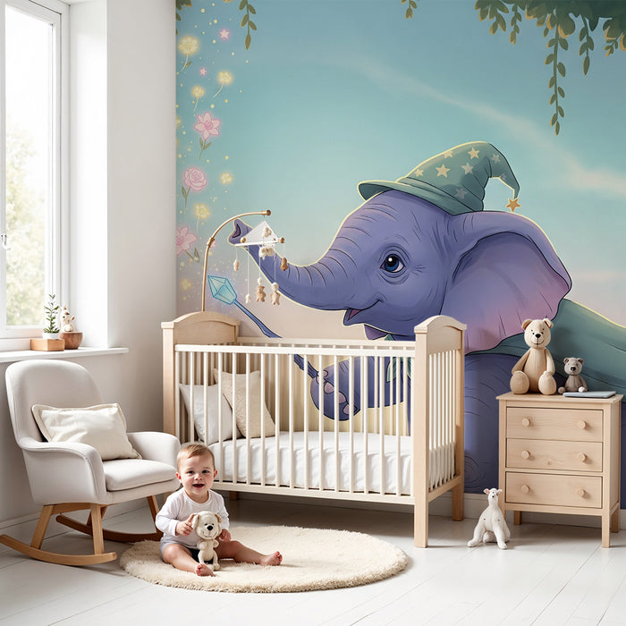 Børneværelse tapet | Magisk elefant med tryllestav og fortryllede blomster