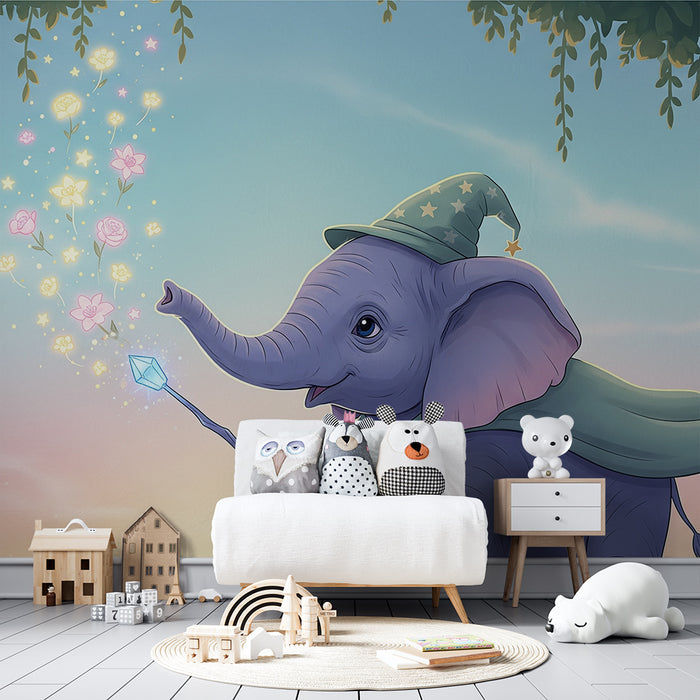 Børneværelse tapet | Magisk elefant med tryllestav og fortryllede blomster